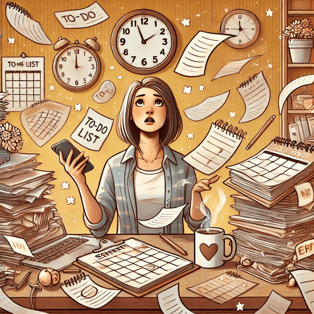 kalender-chaos-keine-zeit Überfüllter Kalender mit Notizen und Stresssymbolik als Sinnbild für Zeitmangel