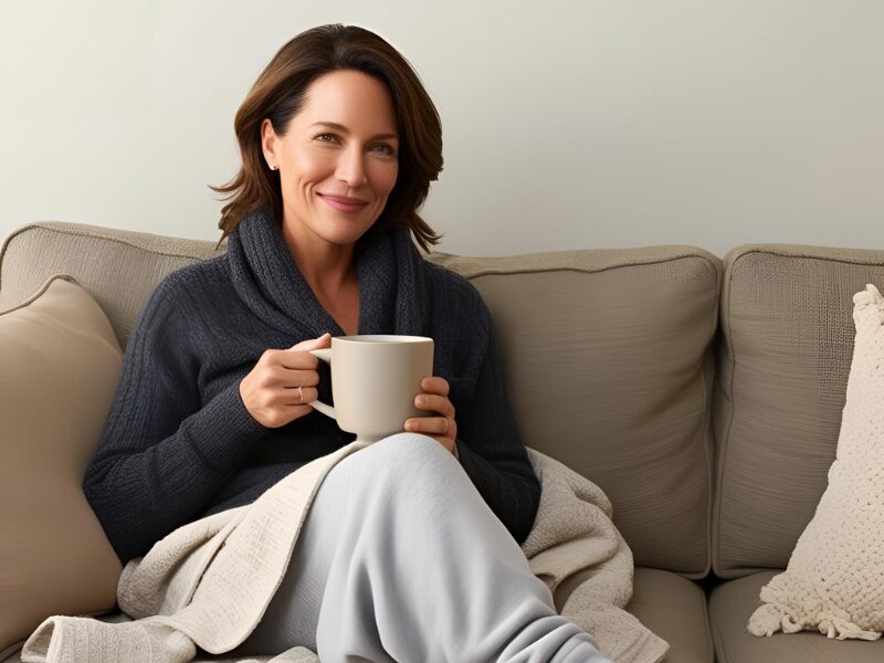 kaffee-pause-sofa-frau Frau genießt bewusst eine Pause auf dem Sofa mit Kaffee – Symbol für Selbstfürsorge im Alltag