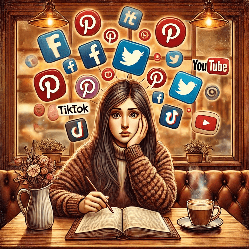 social-media-ablenkung-cafe Illustration: Frau im Café sitzt am Tisch, während Social-Media-Logos um ihren Kopf kreisen – Symbol für digitale Ablenkung und inneres Chaos trotz guter Vorsätze.
