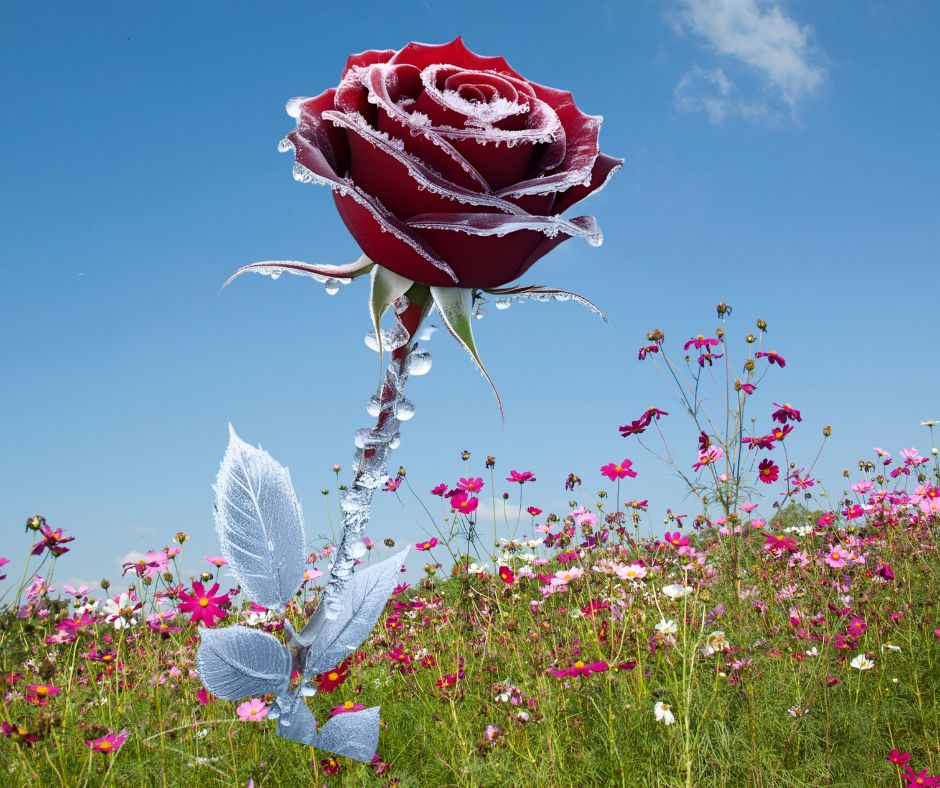 Freeze, Schockstarre eine rote Rose, komplett mit Eis bedeckt in mitten einer blühenden Sommerwiese. Symbolbild für Schockstarre und emotionale Blockade
