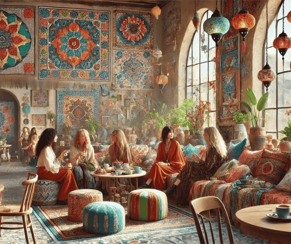 logo ein Bild des Cafe Ruhepol wie ich es mir vorstelle, gemütlich, ein bisschen Hippie, Frauen die sich unterhalten